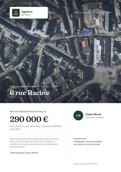 Couverture de l'avis de valeur PDF aux couleurs de l'agence, avec vue aérienne IGN de l'adresse