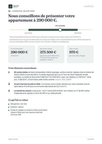 Page de l'avis : l'essentiel en une page, prix conseillé et trois éléments concordants