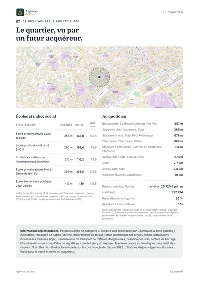 Page de l'avis : le quartier vu par un futur acquéreur, plan IGN, écoles et commerces