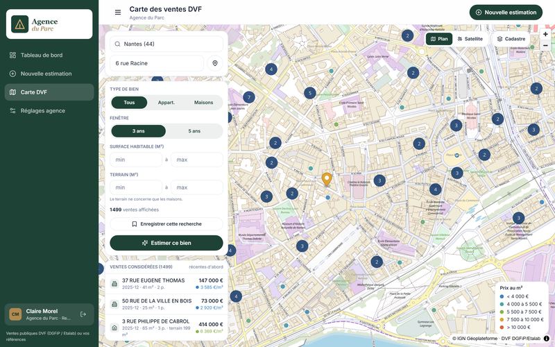 Carte des ventes DVF regroupées du centre de Nantes, sur fond Plan IGN, avec filtres et liste des ventes