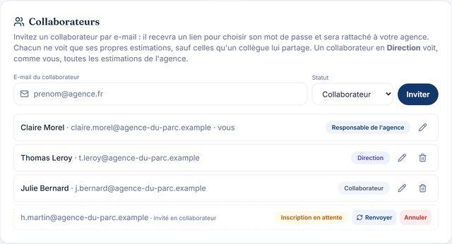 Carte Collaborateurs : responsable de l'agence, un compte Direction, un collaborateur et une invitation en attente
