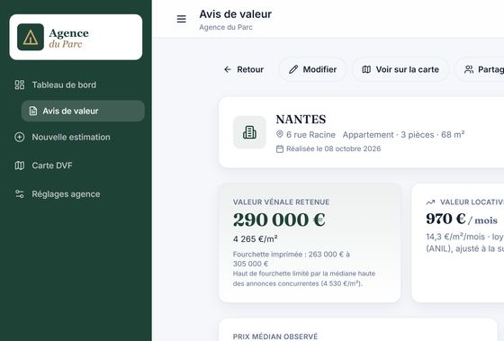 Interface aux couleurs vertes d'une agence de démonstration, avec son logo
