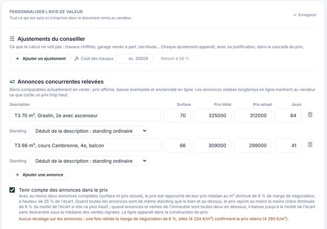 Panneau « Personnaliser l'avis de valeur » : ajustements du conseiller et annonces concurrentes relevées