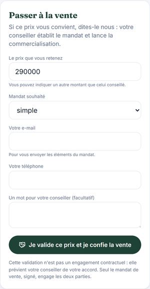Espace vendeur : le vendeur indique le prix retenu et valide la mise en vente
